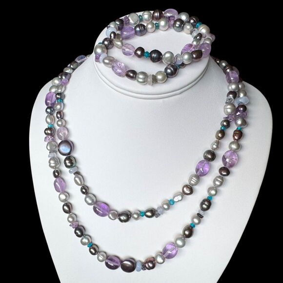 Honora Jewelry - Honora 40 in Pearl & Amethyst Gemstone Necklace and Bracelets, Black, Silver